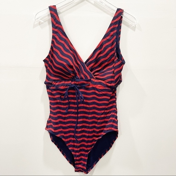 Tommy Bahama Sea Swell V-Neck Faux Wrap Swimsuit One-Piece in Air Kiss Red 14 - Picture 2 of 9